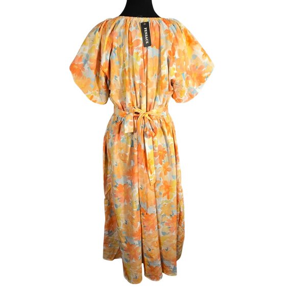 NWT Orange Yellow Watercolor Floral Print Tie-Waist Puff Sleeve Maxi Dress Large - Picture 2 of 6